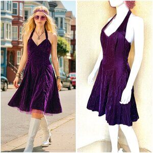 💜Vintage 70s Purple Velvet Halter Dress